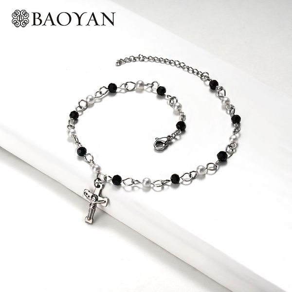 

baoyan silver color jesus cross charm bracelet fashion pearl crystal rosary bracelet handmade stainless steel for women, Golden;silver