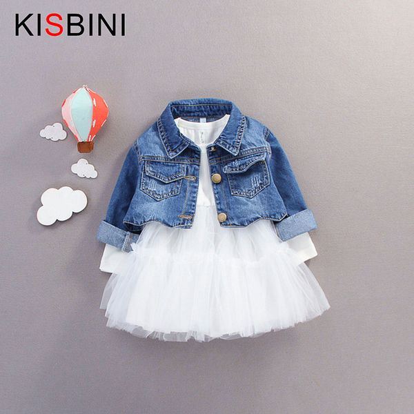 

kisbini весна осень новорожденных девочек джинсы пальто куртка+с длинным рукавом пачка платье 2 шт. / компл. джинсовая куртка наряд детская, White