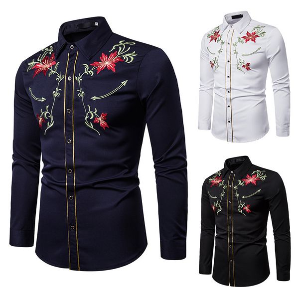 

men's new fashion personality leisure business long sleeve creative embroidery flower shirt wedding man men shirts, White;black