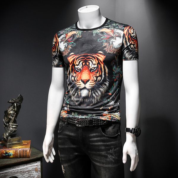

2020 summer new ice silk men's short-sleeved t-shirt young men's tiger head casual summer hollowed-out slim slip men's shirt, White;black