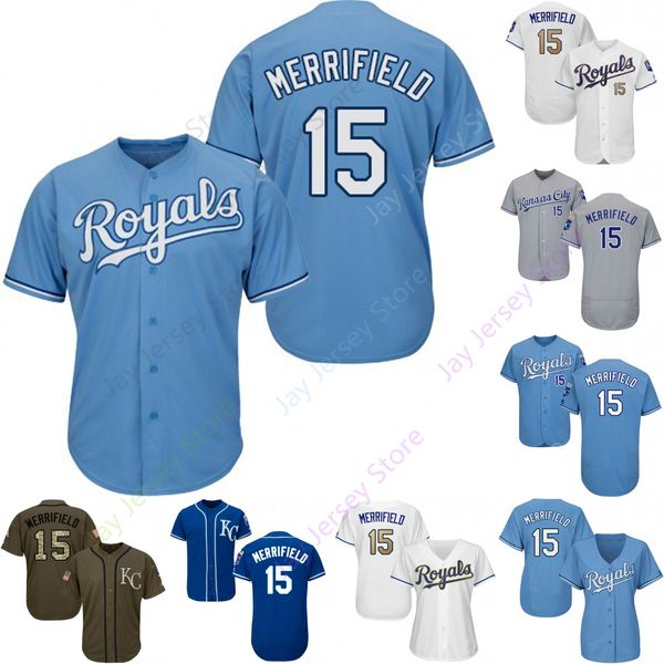 

2019 Kansas City 15 Whit Merrifield Jersey Royals Jerseys Cool Base Flexbase Home Away White Black Red Grey Pullover Button Men Women Youth