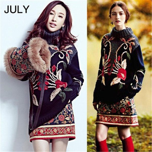 

luxury runway designer шерстяной свитер женщины 3d флора вышивка урожай трикотаж зима водолазка пуловер теплый перемычка, White;black