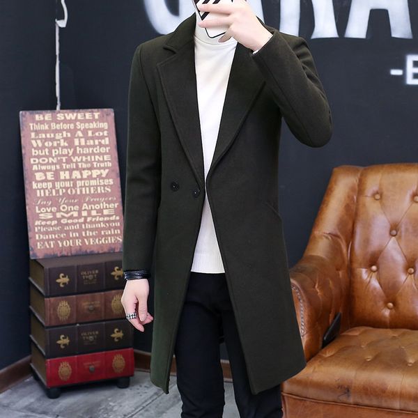 

wool coat slim men long wool woolen coat jacket mens casual, Black