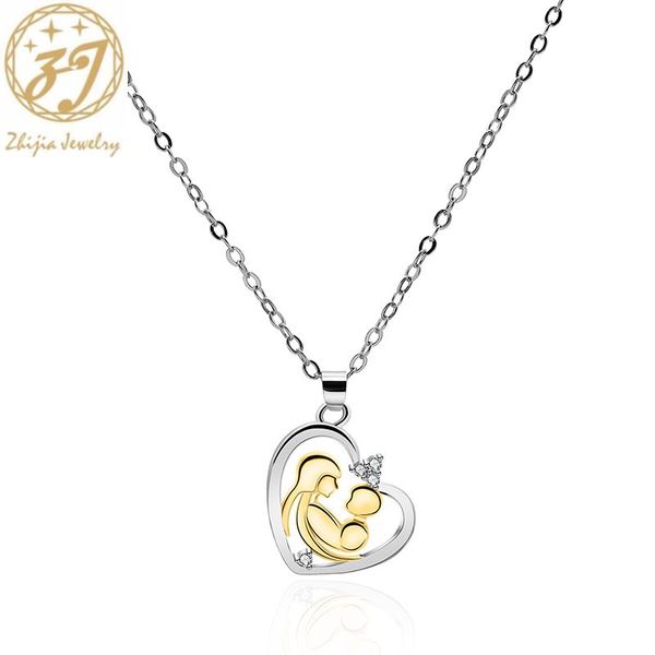 

zhijia love heart shape crystal rhinestone mom children pendant necklace for women mother's day gifts, Silver