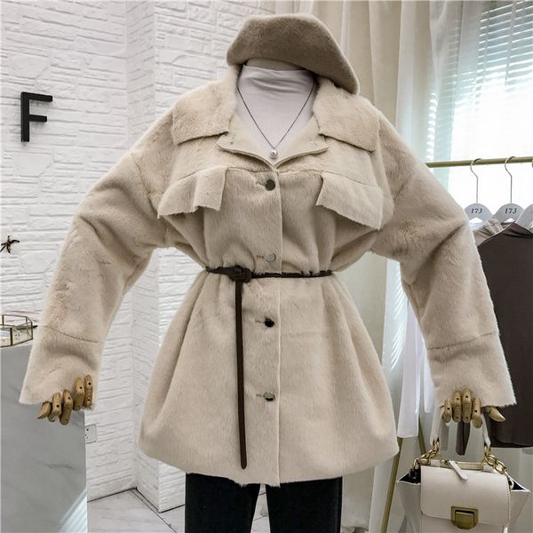 

2019 new fall winter jacekt womens loose belt mid-long faux-fur wool locomotive jackets female loose warm coat streetwear, Black