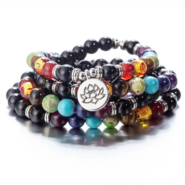 

7 chakra healing balance beads lotus charm bracelets black onyx stones men meditation prayer jewelry, Golden;silver