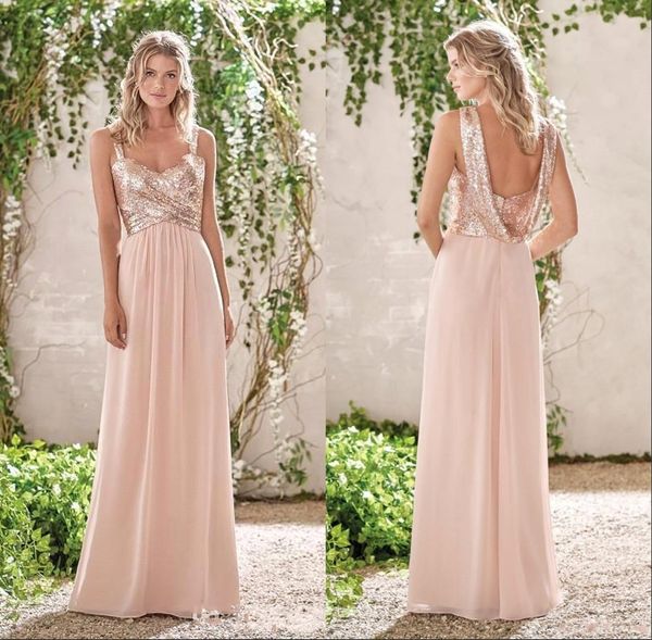 

2019 розовое золото невесты платья Блестки Спагетти Линия шифоновое Дешевые Long Beach