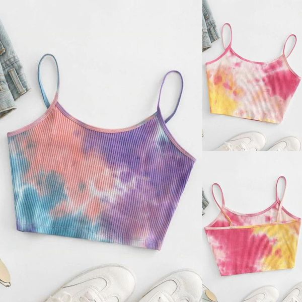 

casual summer blouse women ladies tie-dye print sleeveless blouse pullover vest tank crop shirts women #5, White