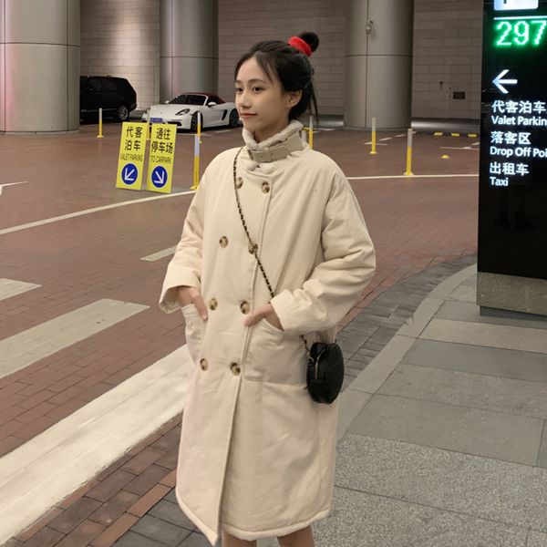 

harajuku lamb wool jacket woman fashion double-breasted long-sleeved thermal cotton jacket ladies solid slim baggy women 2019, Black