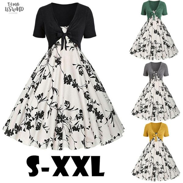 

2020 плюс размер женское платье летнее платье с коротким рукавом старинные цветы печати платье слинг пуловер из двух частей набор новый, Black;gray