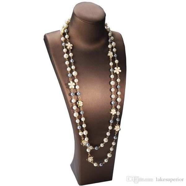 

double chain pearl beaded necklace women flower sweater chain long necklace gift for love fashion jewelry accessories, Silver