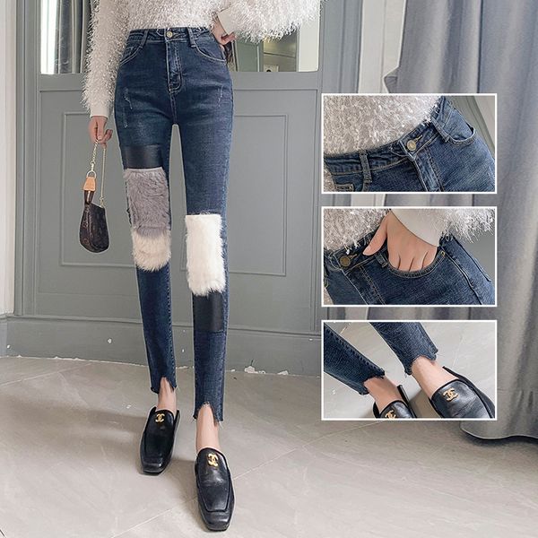 

2020 new stitching fur plus velvet thick women's stretch jeans, Blue