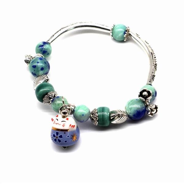 

2019 new lucky cat bracelet for women and girls natural stone beaded jewelry pink and blue colors cute gift, Black