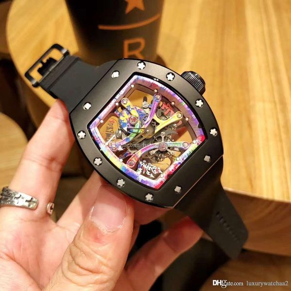 

new brand luxury mens watch rm 68-01 kongo graffiti color hollow mechanical black stainless steel case rubber strap mens wristwatch, Slivery;brown