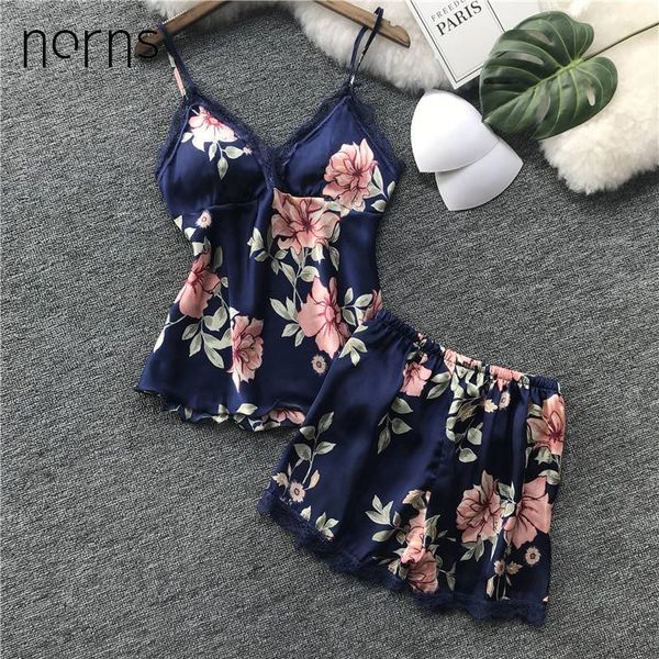 

norns sleep lounge pajama set satin sleepwear women summer pyjama femme fashion flower pajamas for women with chest pad, Blue;gray