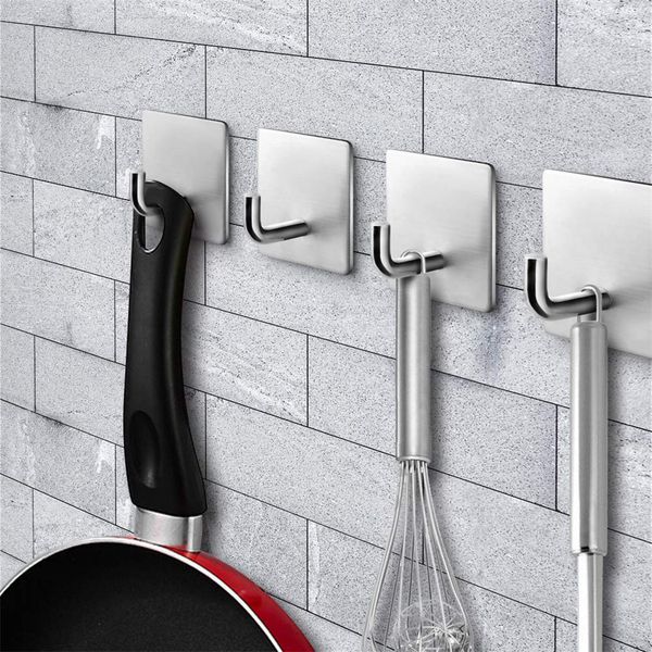 

4pcs/set brushed stainless steel square base l-shapes hooks home bathroom kitchen self-adhesive wall hanging sundries hooks