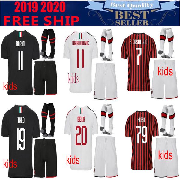 

ibrahimovic 2019 2020 ac soccer jersey and kids kits 19 20 uniforms piatek bakayoko borini kessie caldara calhanoglu football shirt, Black;blue