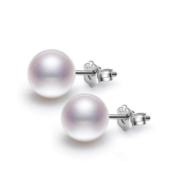 

real perfect round natural freshwater pearl stud earrings for women 925 sterling silver jewelry with pearl arrival t190626, Golden;silver