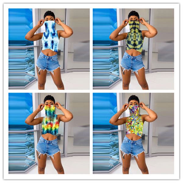 

women tees shirt trendy tie-dye floral print vest sleeveless t-shirt tees with face mask crop beach girls lady clothes s-3xl d6905, White