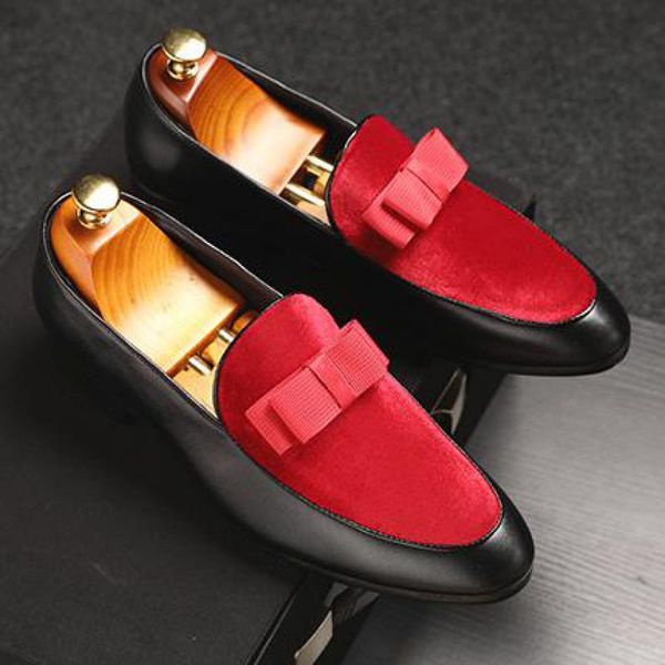 

37~48 plus size red bottom suede bow tie loafers men pointed toe tassel slip on dress wedding shoes fringed loafer formal shoe, Black