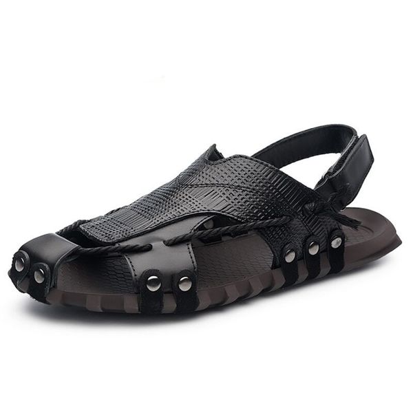 

new arrive sandals for men cowhide men's beach sandals male shoes slip on comfortable men flats size 47, Black