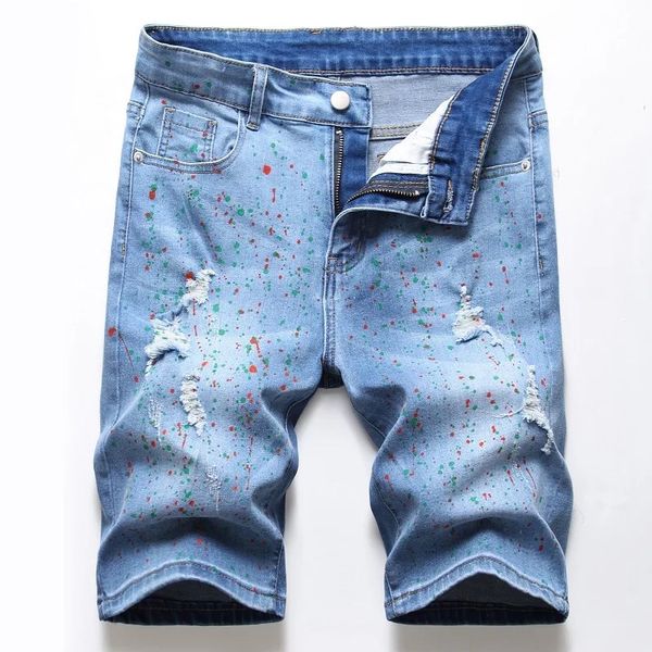 

men shorts stretch jeans personality splash ink men casual daily shorts jeans large size casual hole, Blue