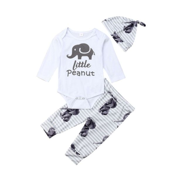 

3pcs newborn baby boy elephant print cotton clothes sets long sleeve bodysuits pants hat outfits 0-24m, White