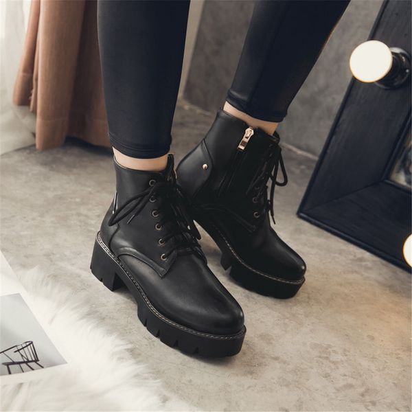 

sarairis 2019 plus size 43 square heels ankle boots woman shoes casual cool shoelaces shoes women motorcycles boots, Black