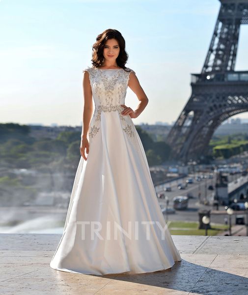 

beauty ivory satin scoop applique beads a-line wedding dresses bridal pageant dresses wedding attire dresses custom size 2-18 kf1228329, White