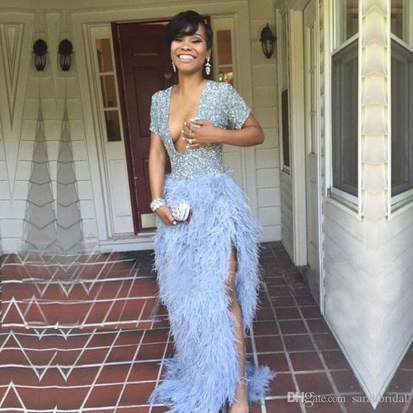 

new sheath feathers evening dressess short sleeves celebrity dresses deep v-neck formal custom party pregnant gowns, Black;red