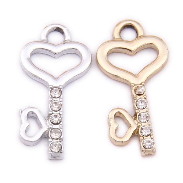 

200pcs/lot of heart shaped rhinestone key charms pendant silver & gold plated 23*11mm for craft making, Bronze;silver