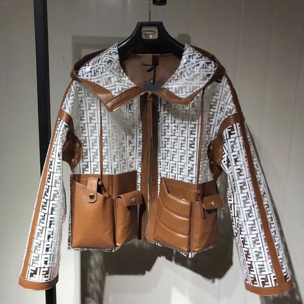 

Autumn fa hion woman letter leather titching hooded women jacket long leeve pocket tran parent coat outwear top, Black;brown