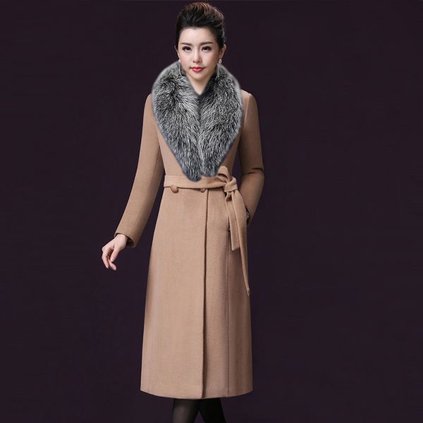 

women big fur collar wool coat thick warm long outerwear winter clothing fashion belt female elegant woolen coat for women, Black