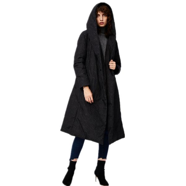 

new arrival england style striped hooded white down coats female winter long warm down coat with belt wq2191, Black