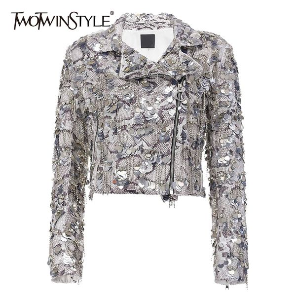 

twotwinstyle patchwork sequin women's coats lapel collar long sleeve zipper streetwear coat female autumn fashion new 2019, Black;brown