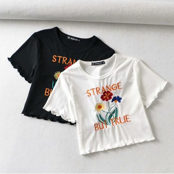 

cotton blend embroidery crop short sleeve blouse t-shirt tee, White