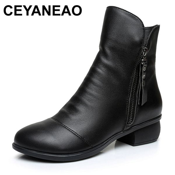 

ceyaneao fashion genuine leather w boots ankle boots female mid heels platform comfortable spring autumn shoes plus sizee1245, Black
