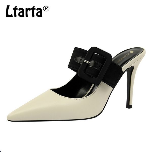 

ltarta 9.5cm 2020 summer new fashion baotou drag stiletto high heel shallow mouth tip word belt strap female slippers ds, Black