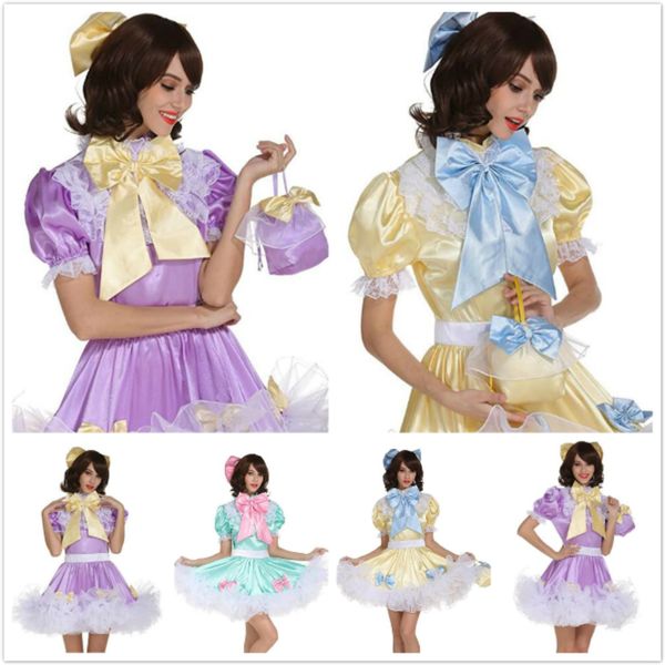 

горячий! 2020 новый сисси французская горничная с длинным рукавом мерцающий розовый фиолетовый желтый органза смотрите через crossdress сорт, Black;red