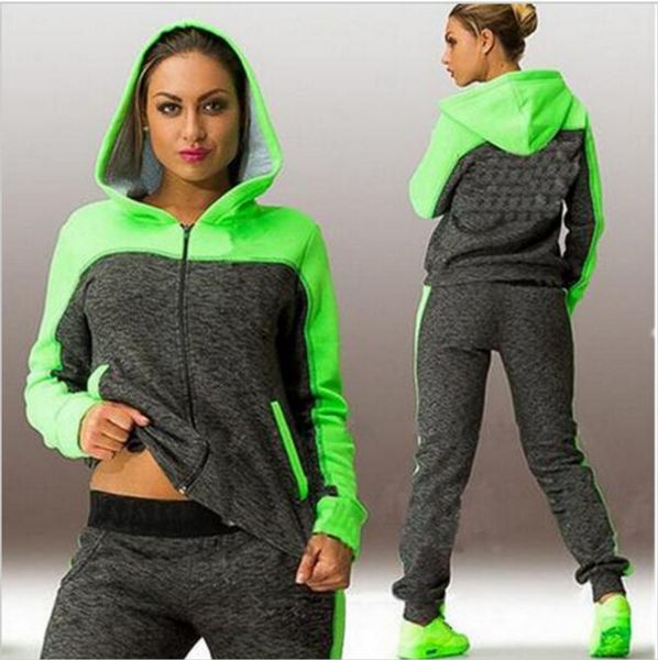 

patchwork hooded zipper suit set 2020 women tracksuit two-piece sport style outfit jogging sweatshirt fitness lounge sportwear, Gray