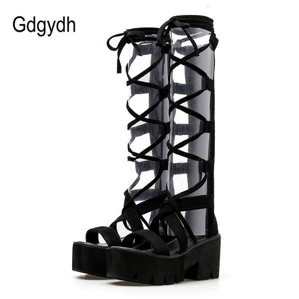 

gdgydh high heels gladiator boots for women platform shoes thick heels comfortable cross-tied back ziller summer shoes women, Black