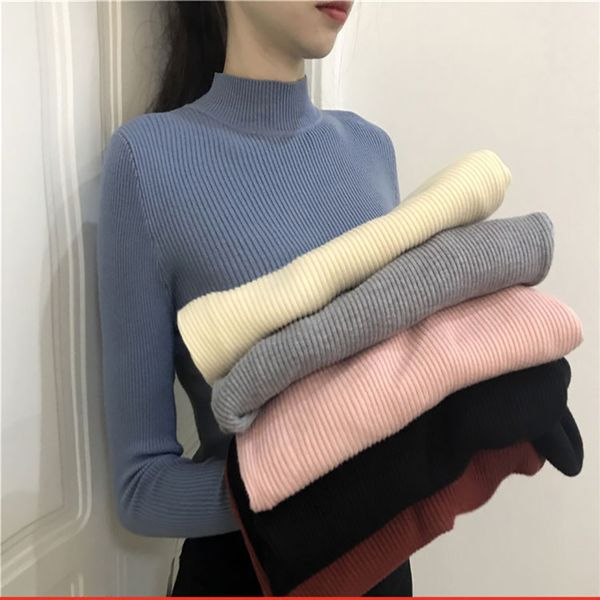 

0.3 new arrival winter knitted women sweater half turtenleck slim solid color tight fitting pullovers, White;black
