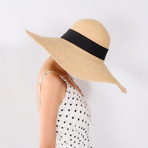 

large eaves lafite straw women's travel korean sunscreen straw sunscreen hat style all-match foldable beach sun hat tide, Blue;gray