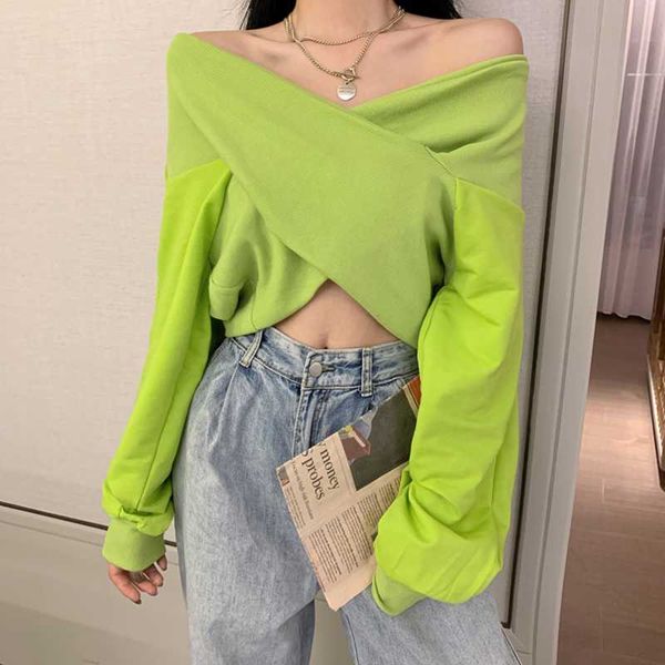 

women v-neck long sleeve short t-shirts casual green/black/white cross twist off shoulder t shirts female club party