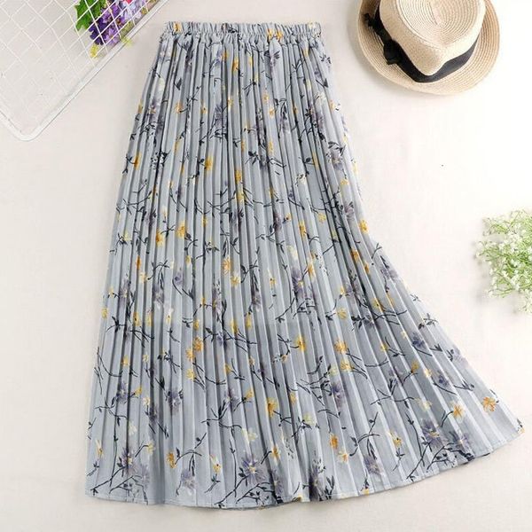 

2020 spring summer women skirt floral print chiffon skirts high waist a line pleated skirts women jupe femme faldas saia outwear, Black