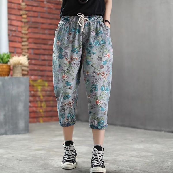 

women's jeans summer women retro elastic waist loose denim pants 2021 female casual pocket print bleached vintage trousers, Blue