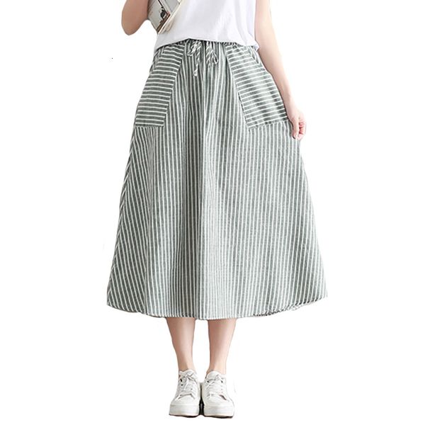 

skirts womens summer saia women midi skirt with pockets japan mori girl stripe cotton and linen vintage long skirts blue,green, Black