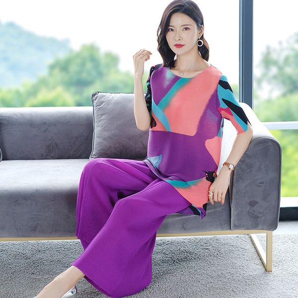 

lcyyl двухсекционный женская одежда лето 2020 новый контраст цвета с короткими рукавами футболки широко- брюки широкий pantst футболку широк, Gray