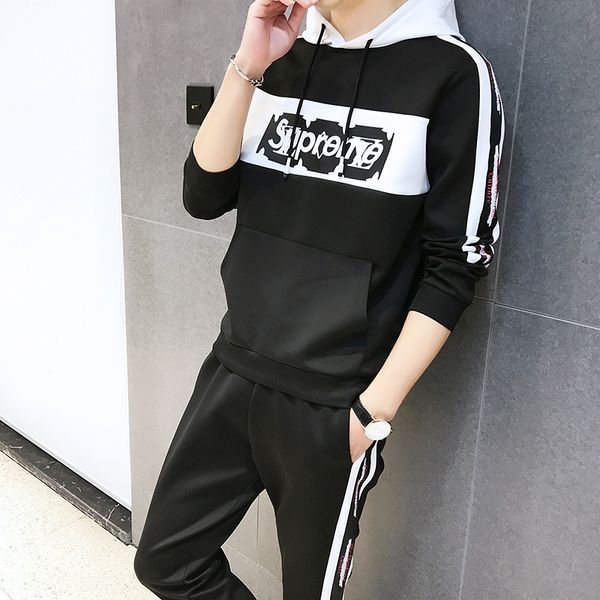 

2020 новая весна и осень с капюшоном мужской свитер моды корейский стиль свободный студент красивый мужской костюм напечатанный свитер, Black