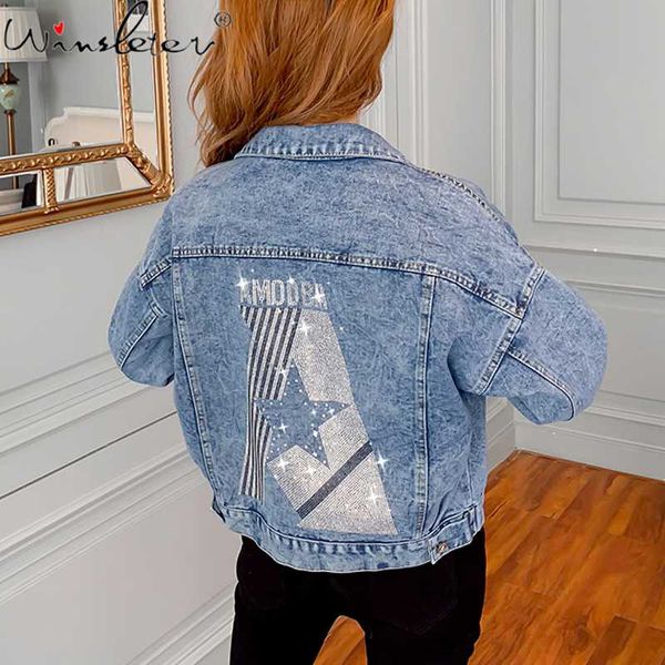 

autumn winter korean clothes denim jacket boyfriend shiny diamonds star streetwear women coat cowboy outerwear 2020 c07308, Black;brown